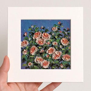 Small Floral Pink Rose Oil pastel painting framed 10x10 in Original flower Handmade Still life painting Bouquet painting, 3D Texture