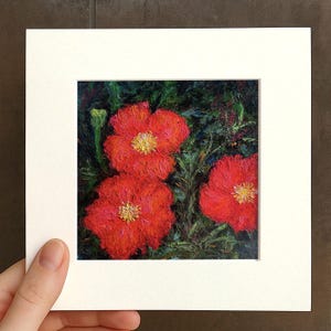 Small Fiery Oil pastel painting framed 10x10 in Original flower Handmade Still life painting Bouquet painting, 3D Texture