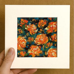 Small Floral Orange Roses Oil pastel painting framed 10x10 in Original flower Handmade Still life painting Bouquet painting, 3D Texture
