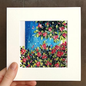 Small Floral Flower in Sky Oil pastel painting framed 10x10 in Original flower Handmade Still life painting Bouquet painting, 3D Texture
