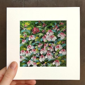 Small Floral Pink/White camellias Oil pastel painting framed 10x10 in Original flower Handmade Bouquet with 3D Texture