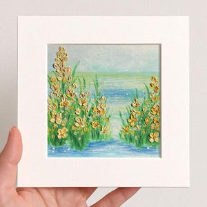Small Floral Yellow Flowers Oil pastel painting framed 10x10 in Original flower Handmade Still life painting Bouquet painting, 3D Texture
