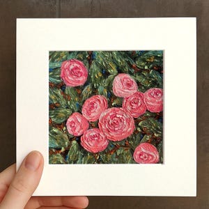Small Floral Pink Rose Oil pastel painting framed 10x10 in Original flower Handmade Still life painting Bouquet painting, 3D Texture