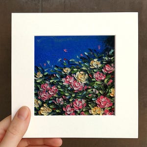 Small Floral Rose Oil pastel painting framed 10x10 in Original flower Handmade Still life painting Bouquet painting, 3D Texture