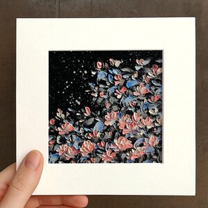 Small Floral Blue flowers Oil pastel painting framed 10x10 in Original flower Handmade Still life painting Bouquet painting, 3D Texture