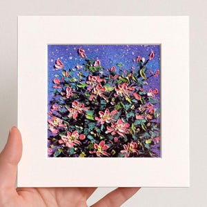 Small Floral Pink Flowers Oil pastel painting framed 10x10 in Original flower Handmade Still life painting Bouquet painting, 3D Texture