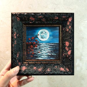 Small Landscape Moon Sea Painting, Original Art, Abstract Painting, Scenery Art Framed Art 10x10, Australian Wall Art, 3D Texture