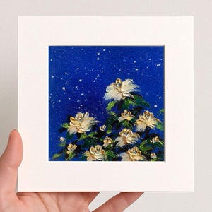 Small Floral White Rose Oil pastel painting framed 10x10 in Original flower Handmade Still life painting Bouquet painting, 3D Texture