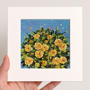 Small Floral Golden Rose Oil pastel painting framed 10x10 in Original flower Handmade Still life painting Bouquet painting, 3D Texture