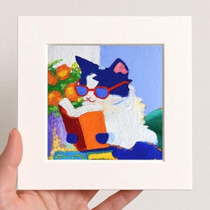 Small Cat Painting, Reading Book with Glasses, Oil Pastel Painting 10x10, Original Handmade Framed Pet Art, 3D Texture