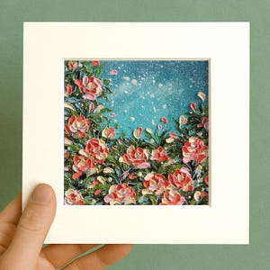 Small Floral Rose Oil pastel painting framed 10x10 in Original flower Handmade Still life painting Bouquet painting, 3D Texture