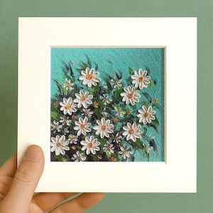 Small Floral Daisy Oil pastel painting framed 10x10 in Original flower Handmade Still life painting Bouquet painting, 3D Texture