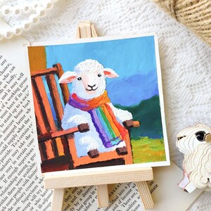 Small Sheep Painting, Sitting on Chair with Colourful Scarf, Oil Pastel Painting 10x10, Original Handmade Framed Pet Art, 3D Texture