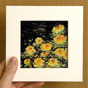 Small Floral Yellow Peony Oil pastel painting framed 10x10 in Original flower Handmade Still life painting Bouquet painting, 3D Texture
