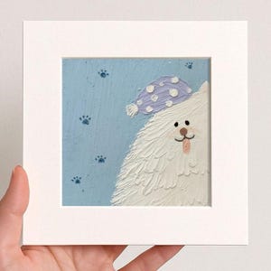Small Dog Painting, Playing in Snow, Clear Blue Sky, Oil Pastel Painting 10x10, Original Handmade Framed Pet Art, 3D Texture