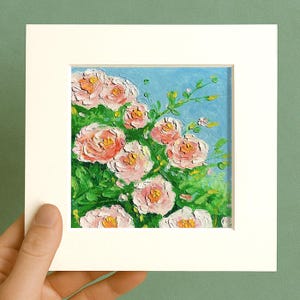 Small Floral Pink Rose Oil pastel painting framed 10x10 in Original flower Handmade Still life painting Bouquet painting, 3D Texture
