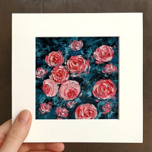 Small Floral Rose Oil pastel painting framed 10x10 in Original flower Handmade Still life painting Bouquet painting, 3D Texture