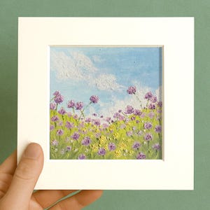 Small Floral Lavender Oil pastel painting framed 10x10 in Original flower Handmade Still life painting Bouquet painting, 3D Texture