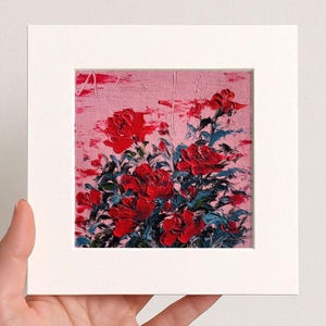 Small Floral Rose Oil pastel painting framed 10x10 in Original flower Handmade Still life painting Bouquet painting, 3D Texture