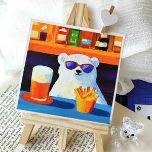 Small Polar Bear Painting, Enjoying Beer and Fries at Bar, Oil Pastel Painting 10x10, Original Handmade Framed Pet Art, 3D Texture