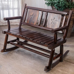 Outdoor wooden rocking chair, wooden double rocking chair with wide curved seat, rustic log porch bench for patio, garden, etc.
