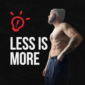 May include: Book cover with the title "LESS IS MORE" in large white letters, with a red lightbulb icon. The cover features a shirtless person in dark blue shorts. The text below reads "Josh Petersons guide to fasting, nutrition, and fitness."