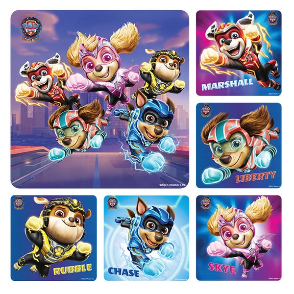 25 (Licensed) Paw Patrol Mighty Movie Stickers, 2.5" x 2.5", Party Favors