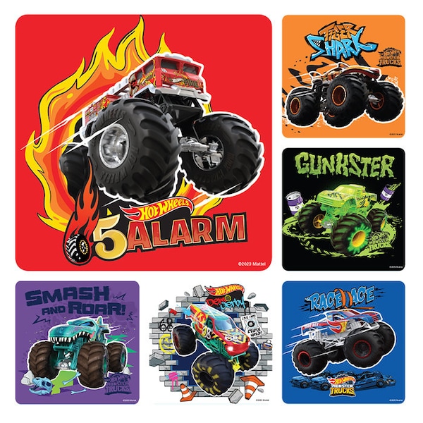 25 Hot Wheels Monster Trucks (Licensed) Stickers, 2.5" x 2.5", Party Favors