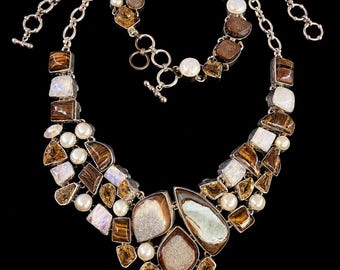 Artisan Sterling Silver Necklace Bracelet Set | Moonstone, Tiger's Eye, Agate, Pearl, Druzy Quartz