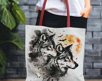 Halloween wolf full moon tote bag, spooky tote bag, reusable shopping bag, eco friendly, full moon wolves Halloween tote bag, bats and wolf