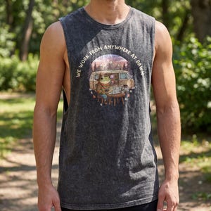 Dark gray muscle tank with a graphic of a frog working on a laptop next to a van.