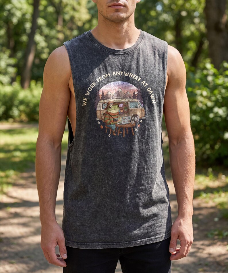 Dark gray muscle tank with a graphic of a frog working on a laptop next to a van.