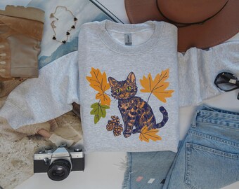 Sudadera con hojas otoñales de gato carey, jersey de cuello redondo para otoño, top de gatito de invierno, jersey para mamá gata, loca de los gatos, gato calicó
