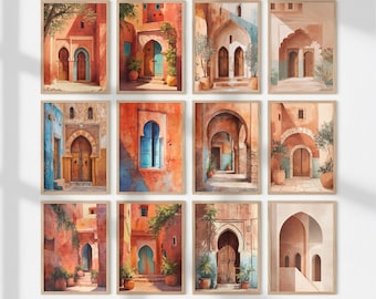 May include: A collection of twelve framed wall art prints featuring watercolor illustrations of Mediterranean architecture. Each print displays terracotta-colored buildings, arched doorways, wooden doors, potted plants, and blue accents in a warm palette.