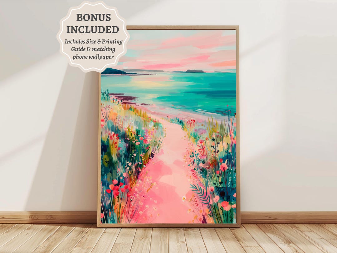Pink Coastal Seascape Printable Wall Art| Pastel Seaside Landscape ...