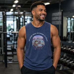 Men's dark blue sleeveless t-shirt with a graphic of a frog working on a laptop in front of a van.
