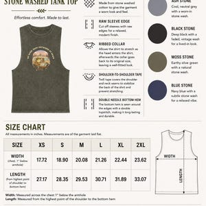 Stone washed tank top with size chart and color swatches.