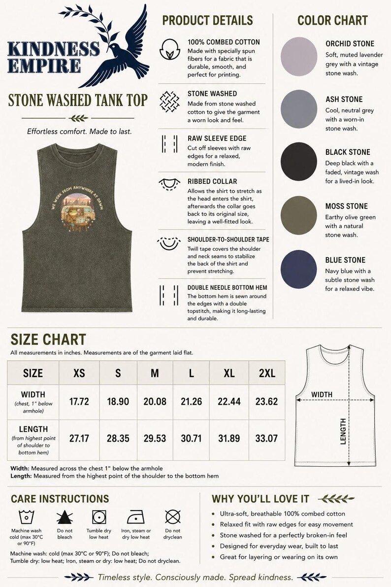 Stone washed tank top with size chart and color swatches.