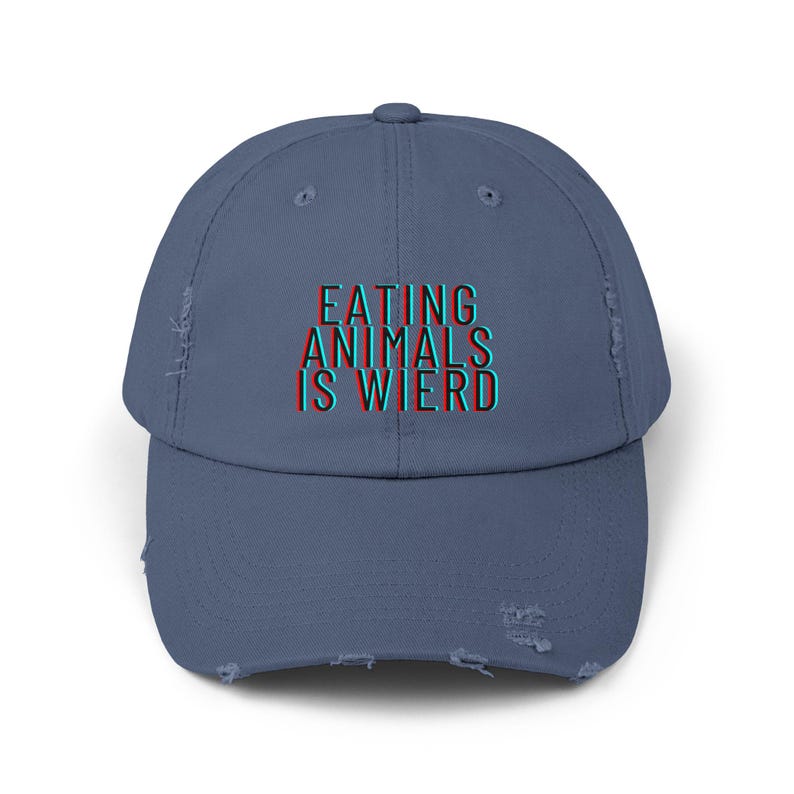Funny Vegan Vegetarian Distressed Cap, Eating Animals Is Weird Hat, Unisex Baseball Cap, funny gift for vegan, fun gift for animal activist image 3