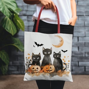 Halloween black cats pumpkin tote bag, spooky tote bag, reusable shopping bag, eco friendly, cute watercolor cat Halloween tote market bag
