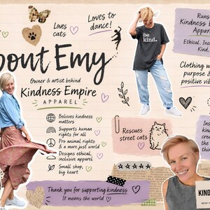 Puede incluir: Un collage con el texto About Emy, propietaria y artista detr&aacute;s de Kindness Empire Apparel. Incluye fotos de una persona con camisa azul y falda estampada, una persona con camiseta negra be kind y un retrato, junto a iconos dibujados a mano.