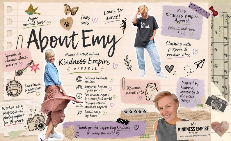 Puede incluir: Un collage con el texto About Emy, propietaria y artista detr&aacute;s de Kindness Empire Apparel. Incluye fotos de una persona con camisa azul y falda estampada, una persona con camiseta negra be kind y un retrato, junto a iconos dibujados a mano.