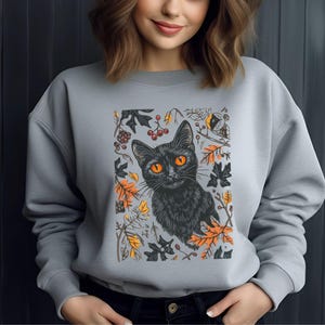 Black Cat Autumn Leaves Sweatshirt, Cosy Fall Season Crewneck Jumper, Winter Kitty Top, Cute Cat Pullover, holiday Gift, cat activist jumper