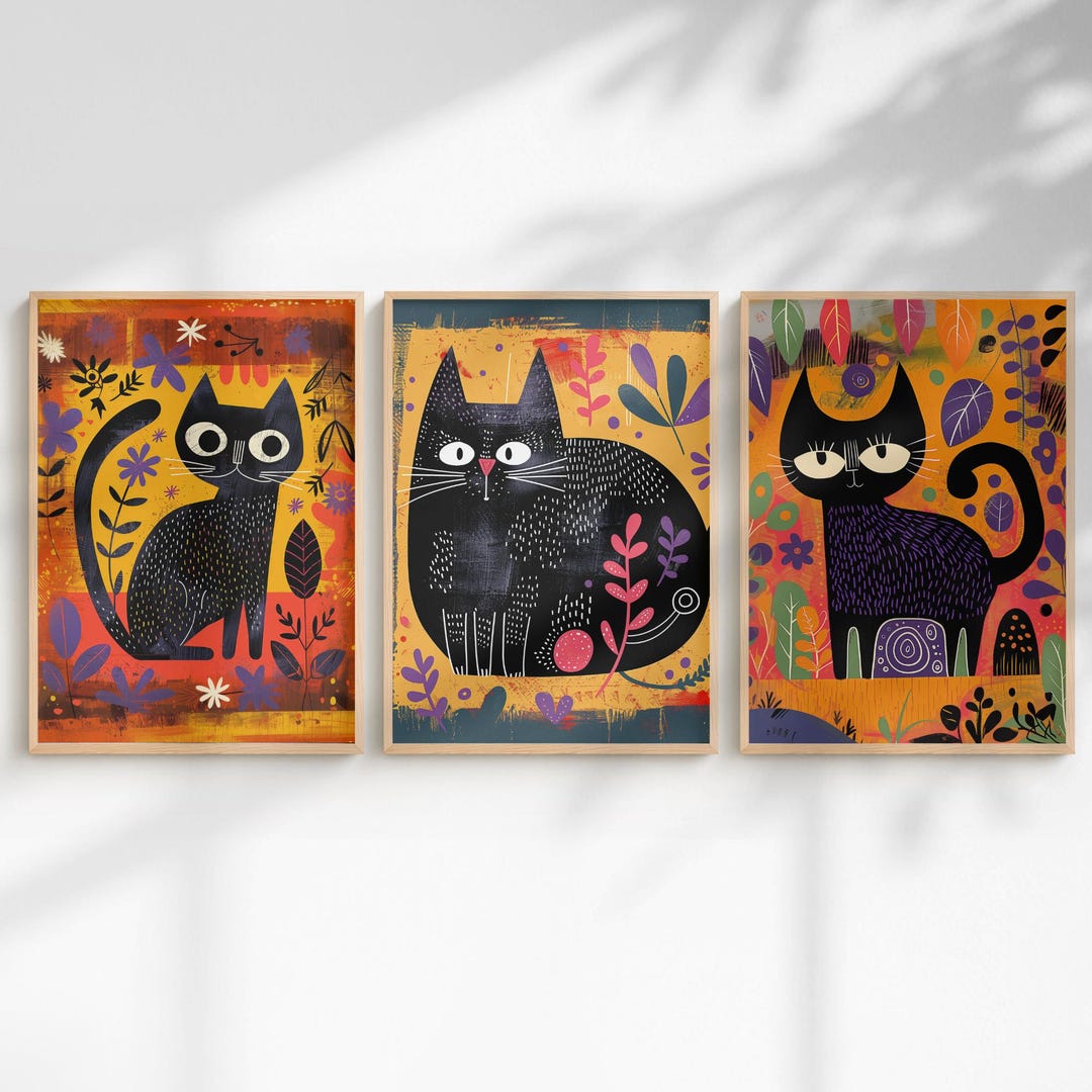 Black Cat Wall Art Set of 3, Colorful Modern Cat Prints, Bold Eclectic ...