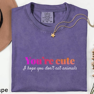 May include: A purple Comfort Colors t-shirt with the text "You're cute, I hope you don't eat animals" in a gradient pink to orange font. A gold star pendant necklace and a brown hat are also in the image.
