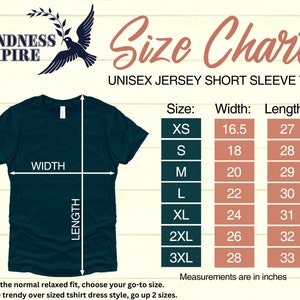 May include: Size chart for a unisex short sleeve jersey tee. The chart shows the width and length in inches for sizes XS to 3XL.
