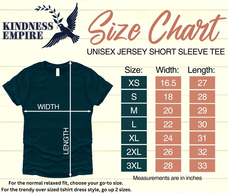 May include: Size chart for a unisex short sleeve jersey tee. The chart shows the width and length in inches for sizes XS to 3XL.