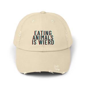 Funny Vegan Vegetarian Distressed Cap, Eating Animals Is Weird Hat, Unisex Baseball Cap, funny gift for vegan, fun gift for animal activist image 2