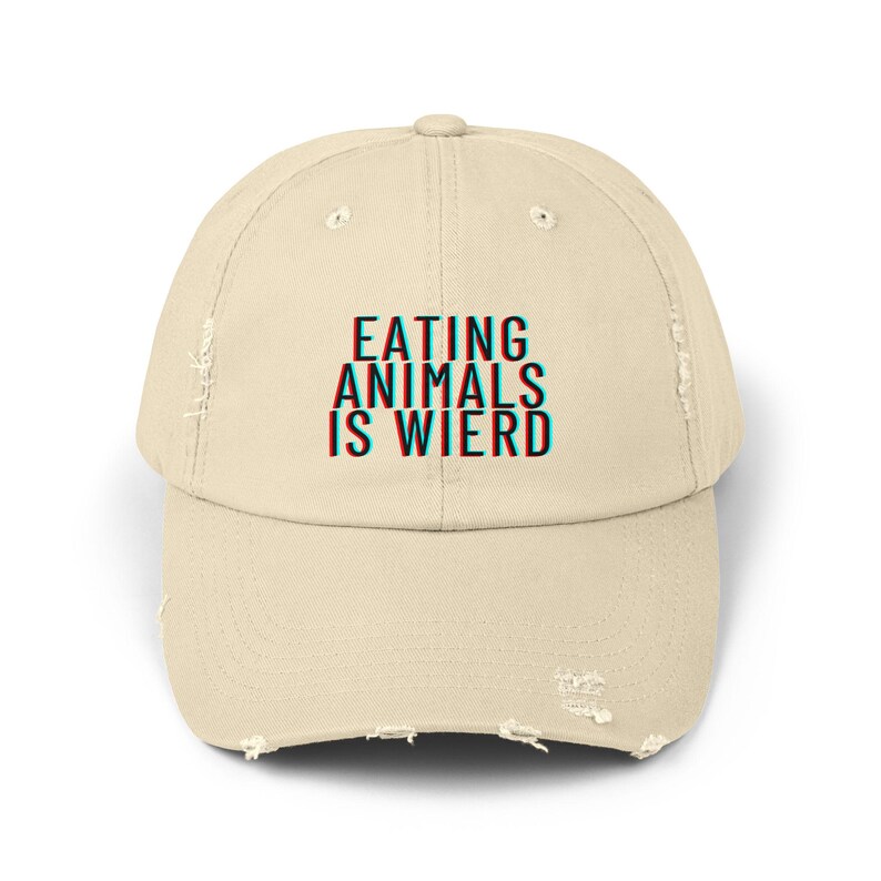 Funny Vegan Vegetarian Distressed Cap, Eating Animals Is Weird Hat, Unisex Baseball Cap, funny gift for vegan, fun gift for animal activist image 2