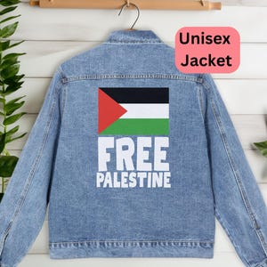 Free Palestine Jacket with Flag, Unisex Pro Palestine Protest Wear, Free Palestine Denim Jacket,Solidarity Jacket,Political Statement Jacket